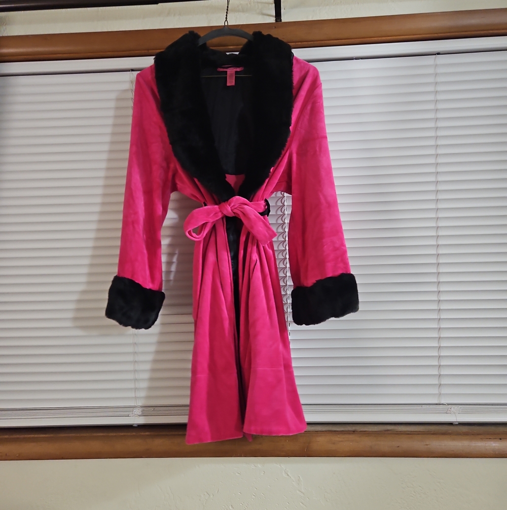 Betsey Johnson Hot Pink Robe with Black Faux-Fur Trim